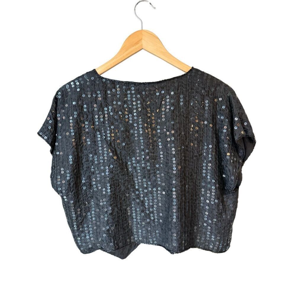 Vintage 80’s TINA Black Silk Sequined Open Front Top Size M - Picture 3 of 8